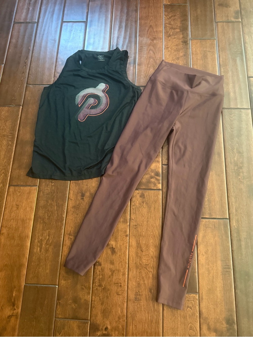 Peloton Black Logo Tank with Plum-Mauve Leggings